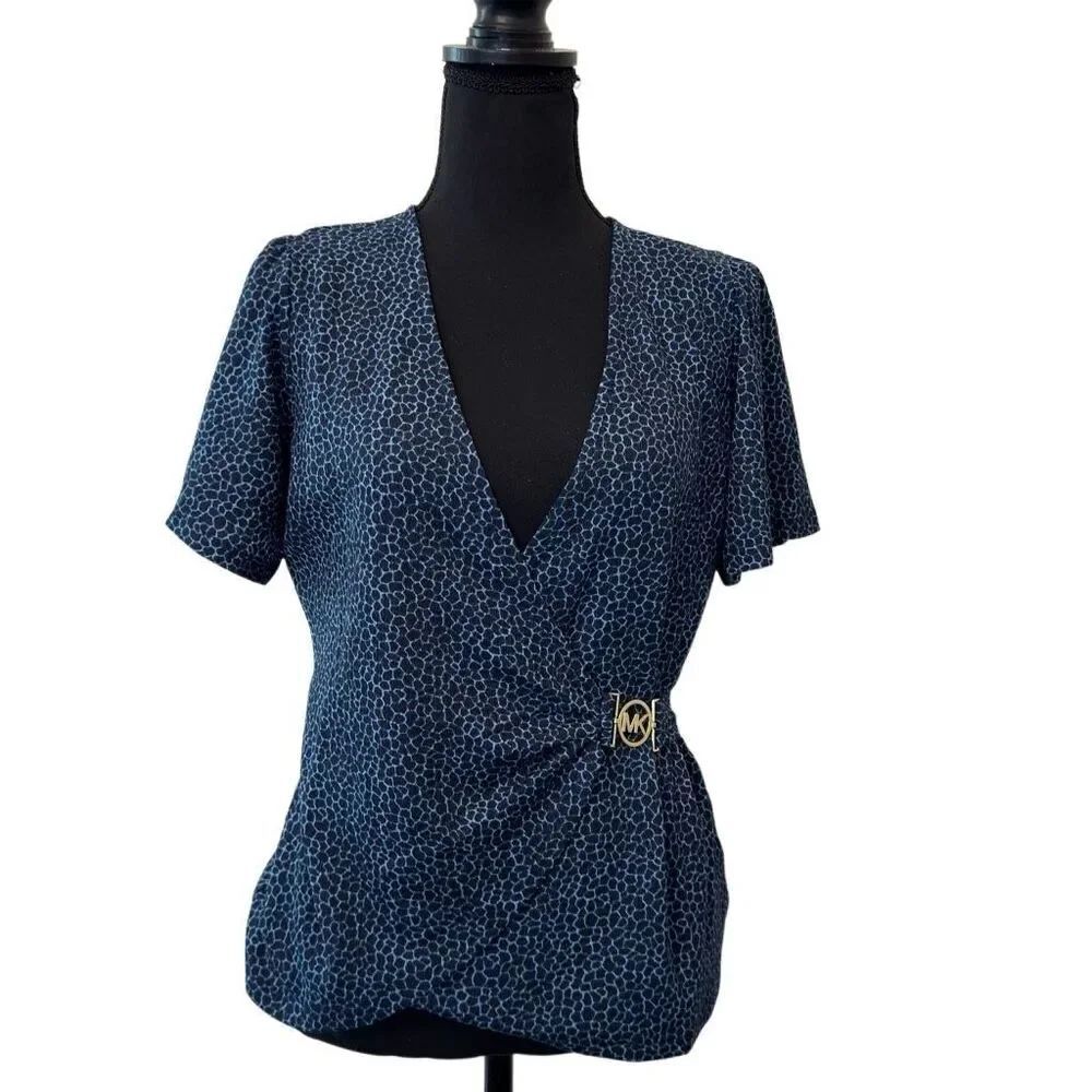 Michael Kors Puff Sleeve MK Buckle Crackle Print Wrap Blouse Blue Medium